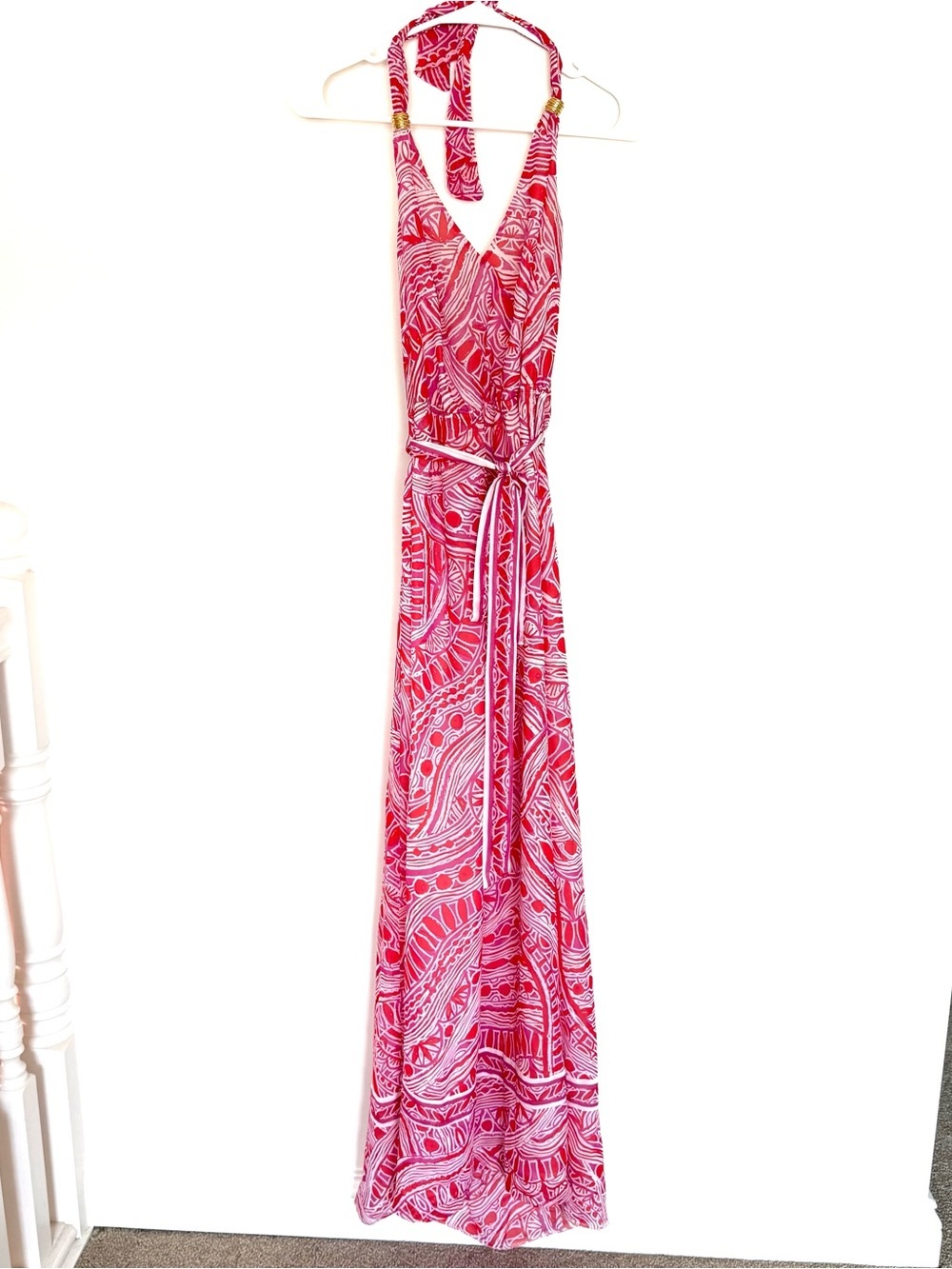 Trina Turk Pink and Red Halter Silk Maxi Dress with Belt